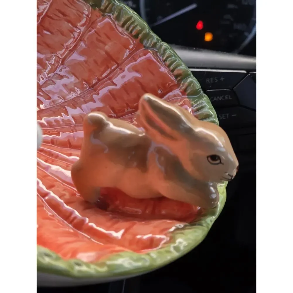 Easter Ceramic Decorative Bowl with Bunny Rabbit Figurine | Hand-Painted Carrot